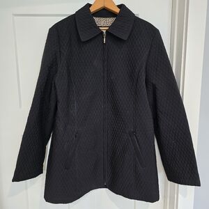 Liz Claiborne Jacket Women's L Black Quilted Loepard Animal Print Lined Coat